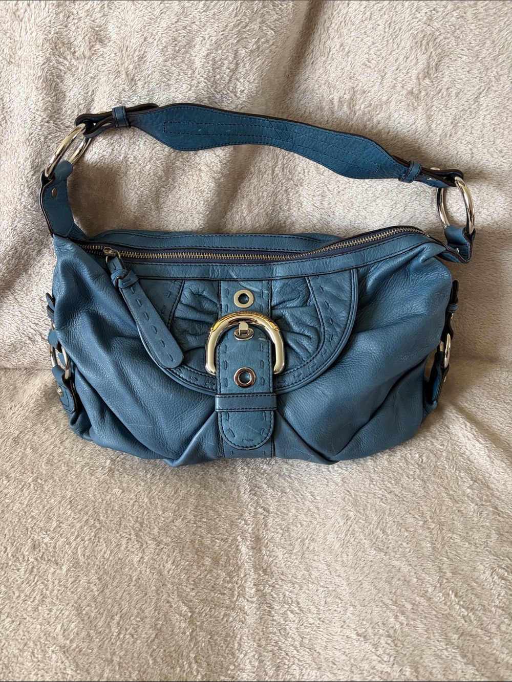 B. Makowsky Blue Leather Shoulder Bag with Gold Hardware